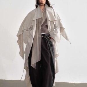 Gypsum White Linen Blended Irregular Skirt Trench Coat