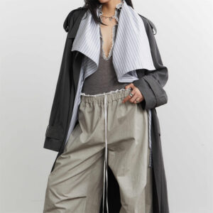 Long Trench Coat With Detachable Collar And Contrasting Color